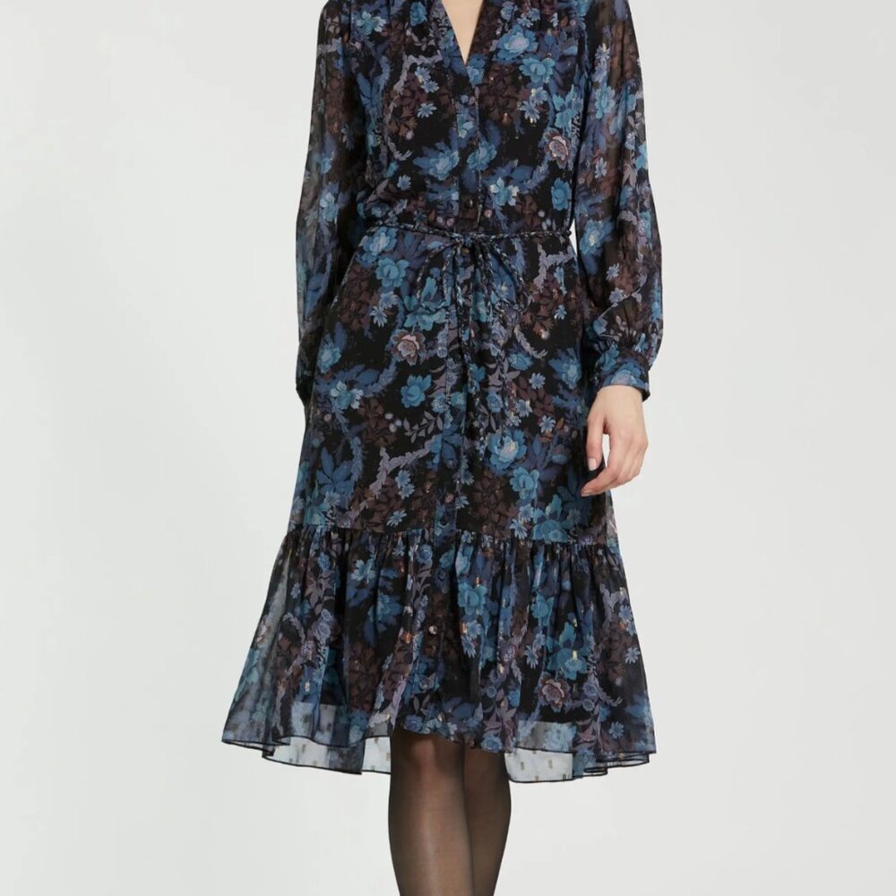 Mac Duggal - NWT Blue Lurex Chffon Bishop Sleeve Button Up Midi - XL